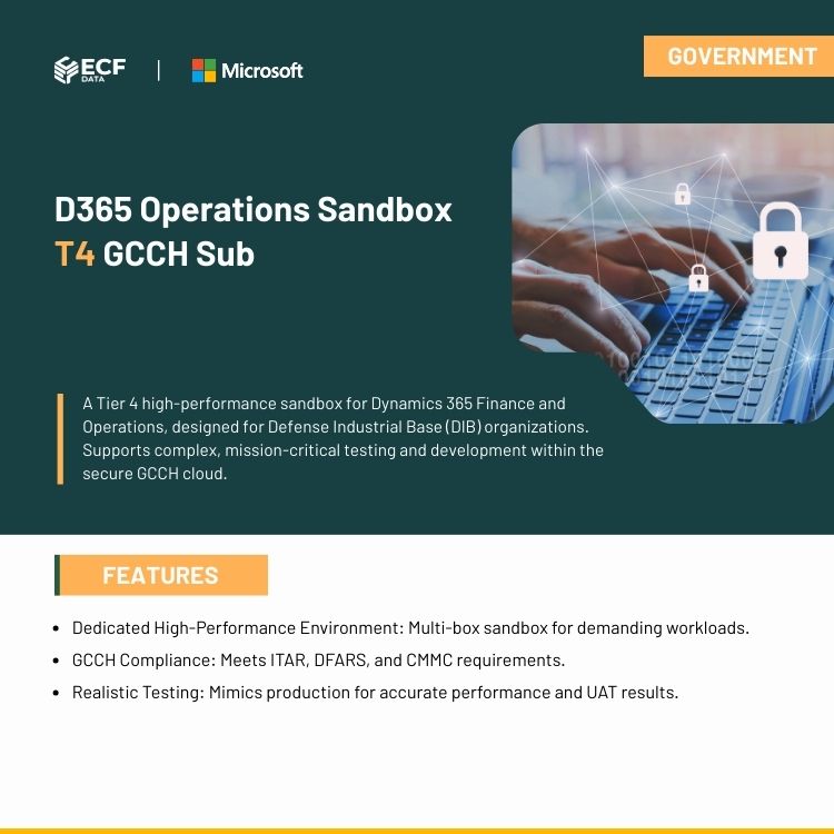 D365 Operations Sandbox environment tailored for ITAR and CMMC government contract standards.

