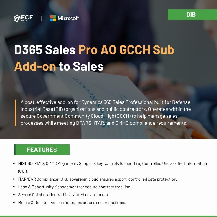D365 Sales Pro AO GCCH Sub Add-on dashboard for Defense Industrial Base
